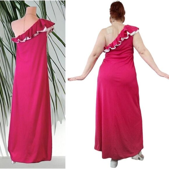 Alfred Shaheen VTG RARE Pink One Shoulder Hand Painted Maxi Dress Size 10 - Picture 11 of 13